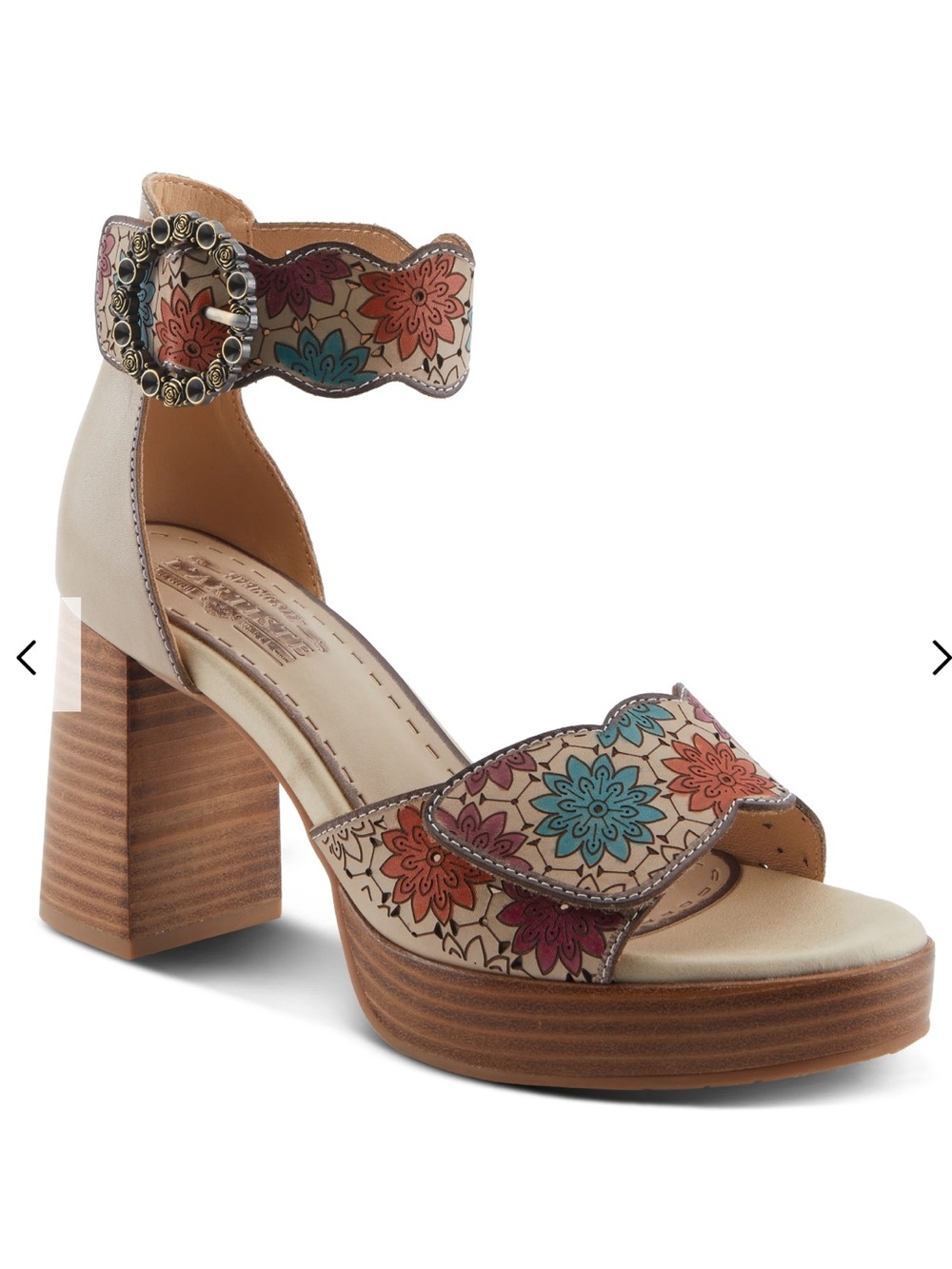 Spring Step L'ARTISTE Floral Scalloped Ankle-Strap Heels in Leather